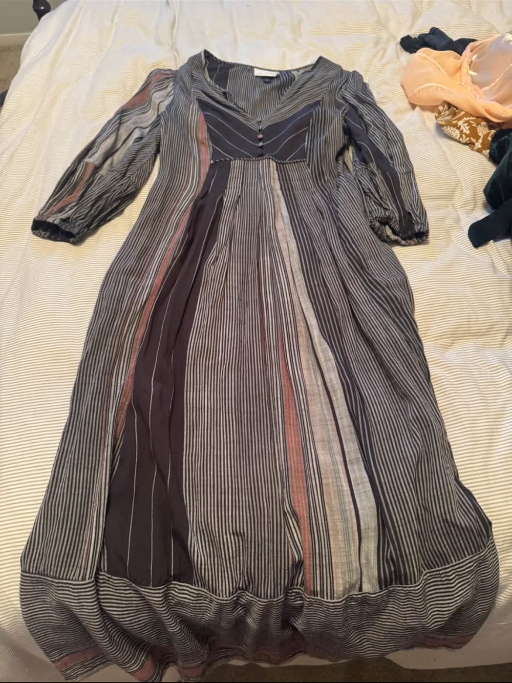Universal Thread Navy and Gray Striped Maxi Dress with Pink Accents